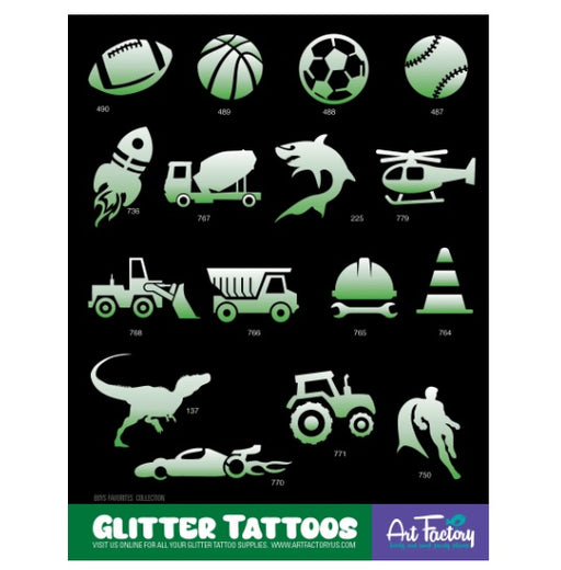 ART FACTORY | Set of 80 Glitter Tattoo Stencils with Display - (BOYSR)  BOYS Collection
