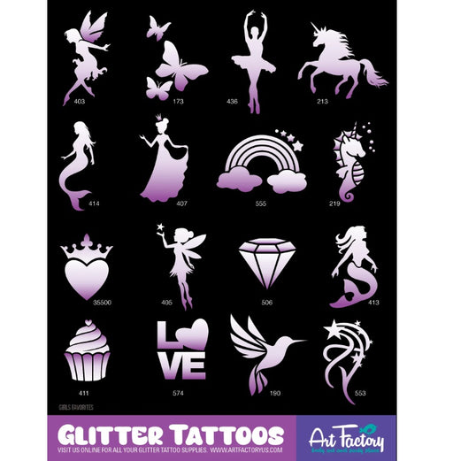 ART FACTORY | Set of 80 Glitter Tattoo Stencils with Display - (GRLPWR)  GIRLS FAVORITE Collection