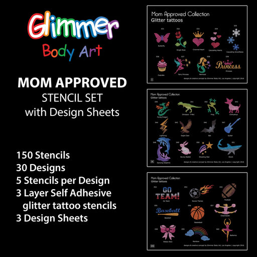 GLIMMER BODY ART | 150 Glitter Tattoo Stencils with 3 Design Sheets - MOM APPROVED SET