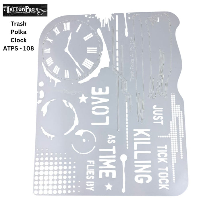 Tattoo Pro 108  - Body Painting Stencil - Trash Polka Clock