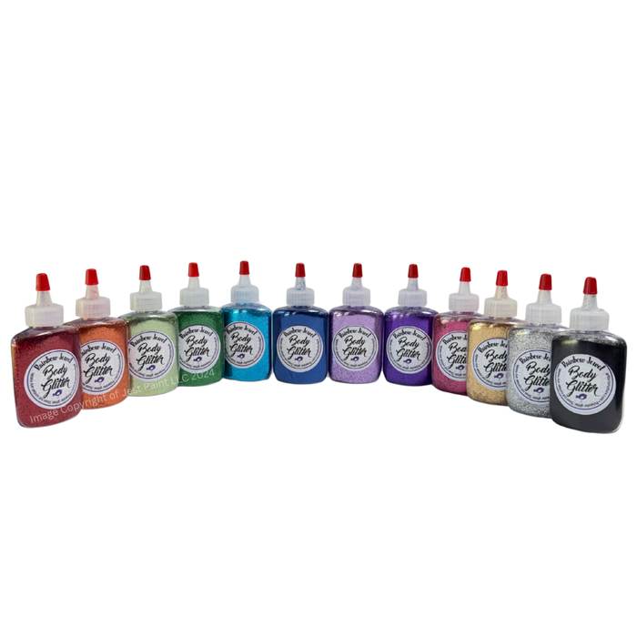 Art Factory |  Set of 12 Rainbow Jewel Opaque Body Glitters in BIG 1 oz Poofs in Clear Pouch