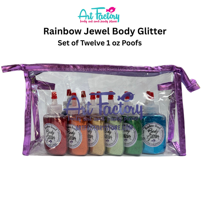 Art Factory |  Set of 12 Rainbow Jewel Opaque Body Glitters in BIG 1 oz Poofs in Clear Pouch