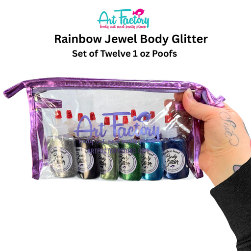 Art Factory |  Set of 12 Rainbow Jewel Opaque Body Glitters in BIG 1 oz Poofs in Clear Pouch