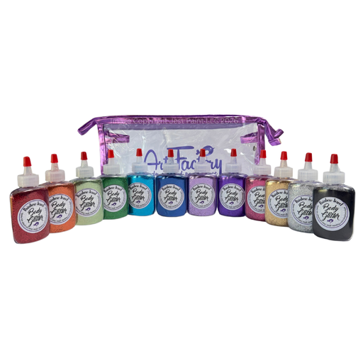 Art Factory |  Set of 12 Rainbow Jewel Opaque Body Glitters in BIG 1 oz Poofs in Clear Pouch