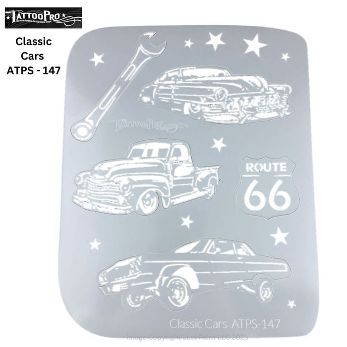Tattoo Pro 147 - Body Painting Stencil - Classic Cars