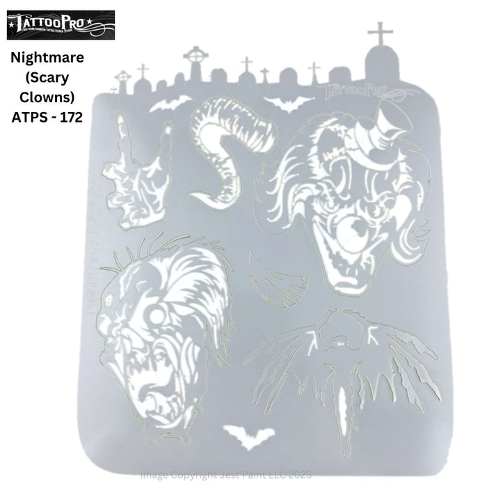 Tattoo Pro 172 | Air Brush Body Painting Stencil - Nightmare ( Scary Clowns )