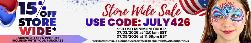 Promotional banner for a Fourth of July sale featuring a model with patriotic red, white, and blue face paint. Text reads: "15% Off Store Wide. Store Wide Sale. Use Code: JULY426. $50 USD Minimum Order. Valid 07/03/2026 at 12:01 AM EST through 07/05/2026 at 11:59 PM EST. Surprise Extra Product Included With Your Purchase. See Blowout Sale & Coupons page to read full terms and conditions."
