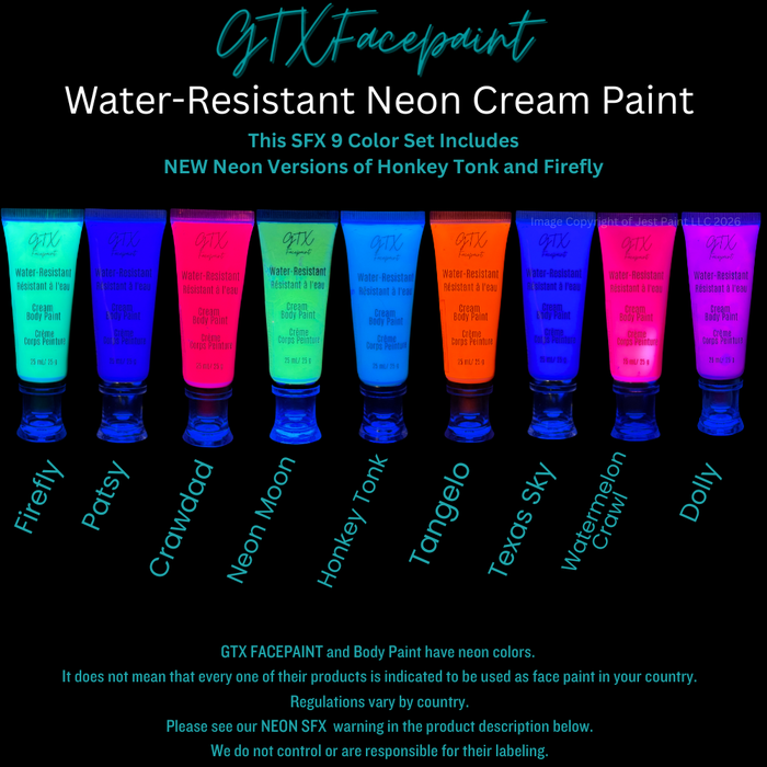 GTX Paint | Silicone Based Water Resistant CREAM KIT - Neon Colors (9 x 25ml Easy Squeezy Tubes) (SFX Non-Cosmetic)