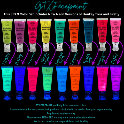 GTX Paint | Silicone Based Water Resistant CREAM KIT - Neon Colors (9 x 25ml Easy Squeezy Tubes) (SFX Non-Cosmetic)