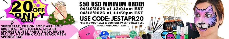 Promotional banner reading “20% OFF ONLY ON” with details: “Superstar, Fusion Body Art, Bolt Brushes, TAP Stencils, Splash Sponges & Jest Paint: Soap, Brush Wallet, New Pink Case, Black Mesh Sponge Bag.”

Text also states: “$50 USD Minimum Order. 04/10/2026 at 12:01am EST – 04/12/2026 at 11:59pm EST. Use code: JESTAPR20. *See Blowout Sale & Coupons page to read full terms and conditions.”

Visual elements include face painting brushes, paints, a pink case, fireworks graphics, and a model with colorful face 