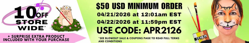 Sale banner: 10% OFF STOREWIDE plus a surprise extra product. Valid April 21–22, 2026, with a $50 USD minimum order. Use code: APR2126. Features a capybara illustration and a woman with cat face paint holding Fusion Body Art supplies.