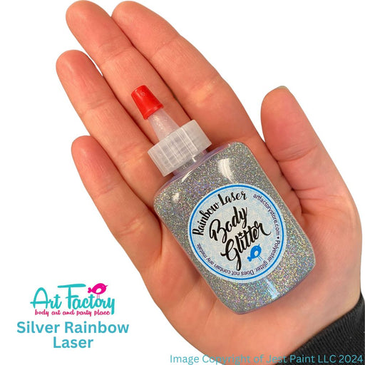 Art Factory | Rainbow Laser Body Glitter Poof -  DISCONTINUED -  Silver Rainbow Laser  (1.2oz Flat Bottle)