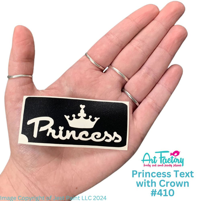 Art Factory | Glitter Tattoo Stencil - (410) Princess Text with Crown - 5 Pack - #83