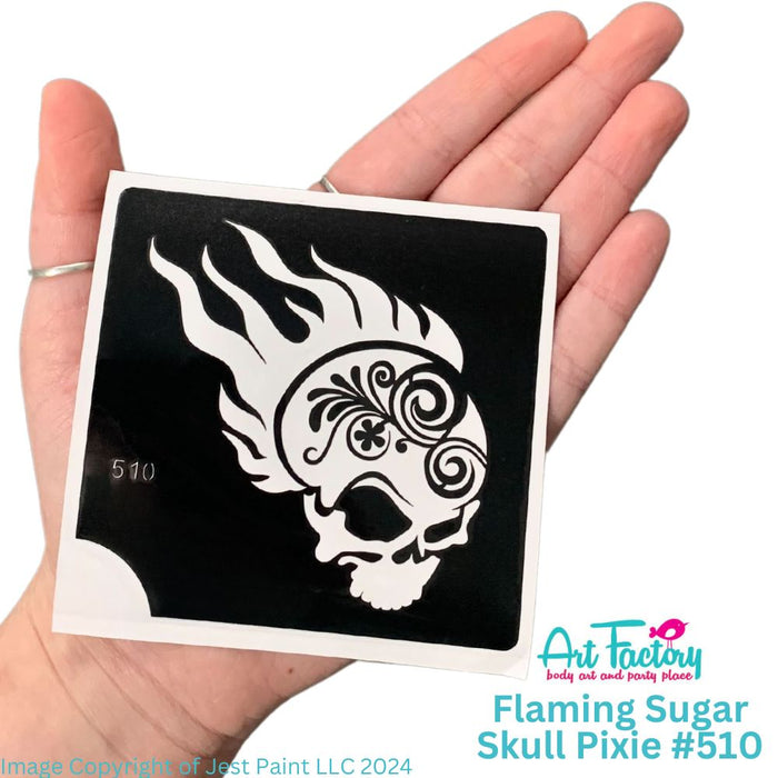 Art Factory | Glitter Tattoo Stencil - 510 Flaming Sugar Skull Pixie - 5 Pack - #167