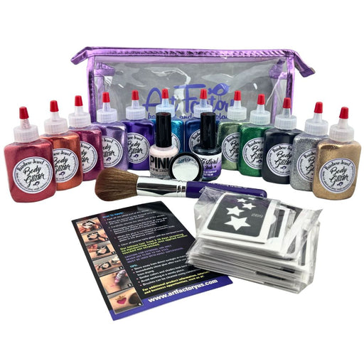 Art Factory | Pro Ink and Glitter Tattoo Kit w/ Twelve 1oz Poofs and 100 Stencils - NEW (7Z)