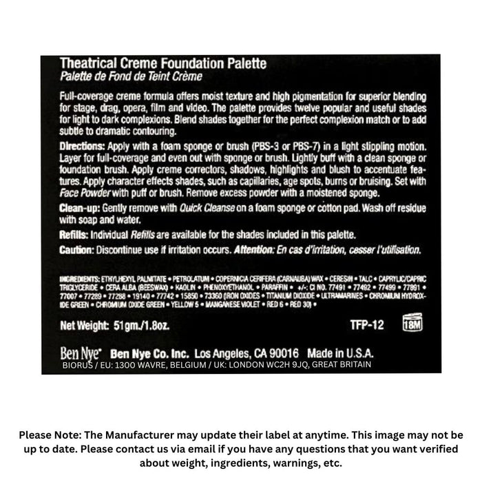 Ben Nye | CREME Makeup Palette - (TFP-12) 12 Color Theatrical Creme Foundation Palette