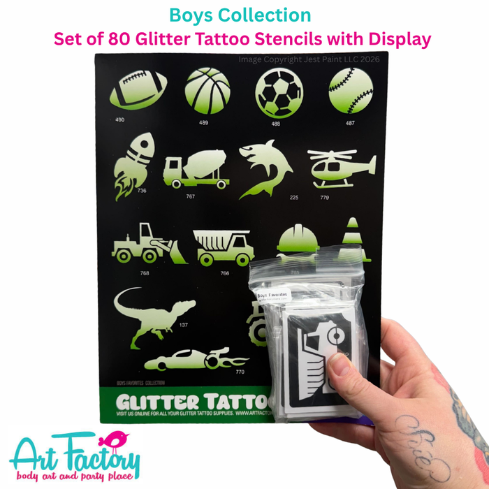 ART FACTORY | Set of 80 Glitter Tattoo Stencils with Display - (BOYSR)  BOYS Collection