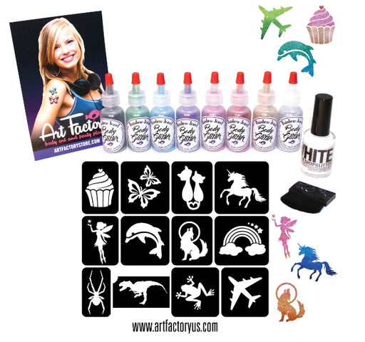 Art Factory | Pro Ink and Glitter Tattoo Kit w/ Twelve 1oz Poofs and 100 Stencils - NEW (7Z)