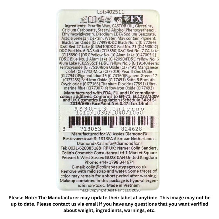 DFX Face Paint Rainbow Cake - Small Inferno (RS30-13)  Approx. 14ml / .47 fl oz    #13