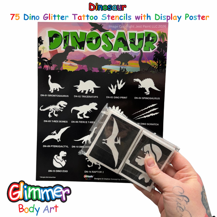 Glimmer Body Art |  DINOSAUR Set - 75 Dino Glitter Tattoo Stencils with Poster