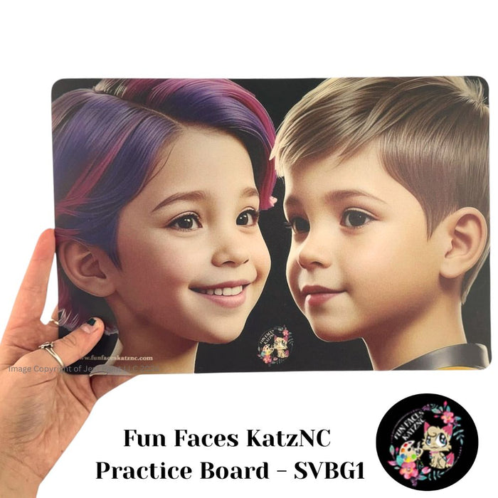 Fun Faces KatzNC | Face Painting Practice Board - Girl and Boy 3/4 Facing (Girl on the Left) (SVGB1)