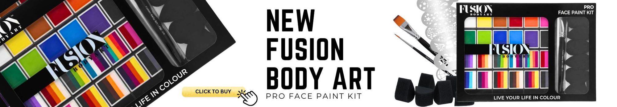 Image includes a picture of Fusion Body Art Pro Face Paint Kit which has 12 solid face paint colors, 12 multi colored split cakes, 6 petal shape black sponges, a flat brush a round brush, 6 stencils with assorted patterns and a Click to Buy button that takes you to the product page if you click on the image.
