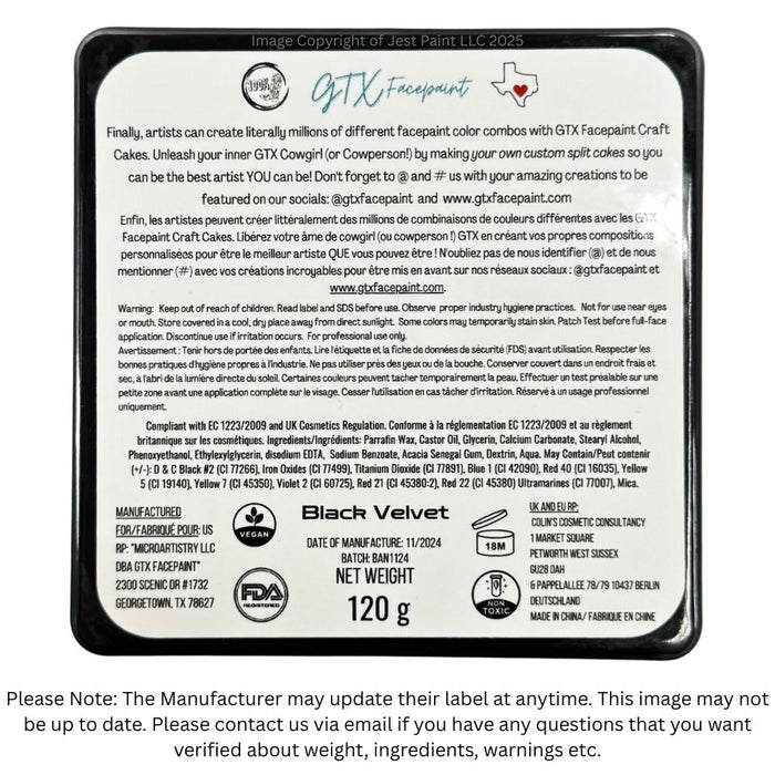 GTX Face Paint | Face Paint Liner Cake - Reg Black Velvet  120gr