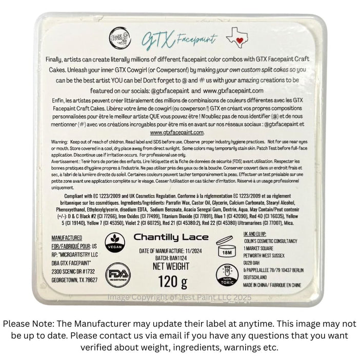 GTX Face Paint | Face Paint Liner Cake - Reg White Chantilly Lace  120gr