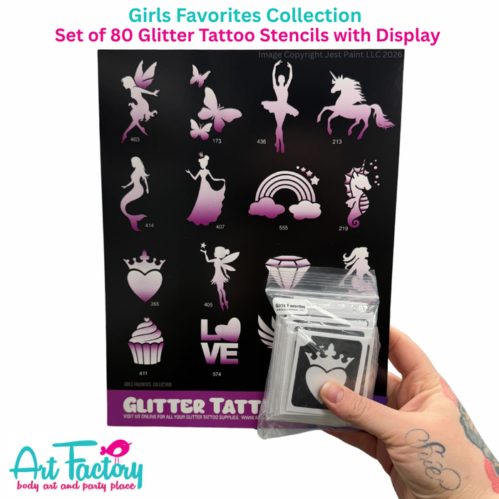 ART FACTORY | Set of 80 Glitter Tattoo Stencils with Display - (GRLPWR)  GIRLS FAVORITE Collection
