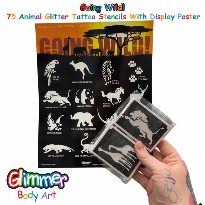 Glimmer Body Art |  GOING WILD Set - 75 Animal Glitter Tattoo Stencils with Poster