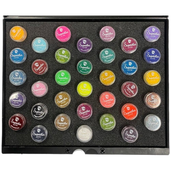 Superstar | ULTIMATE Fine Cosmetic Glitter Set - Case and Insert with 35 Glitter Jars (5ml each)