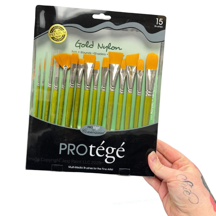 Protege 15 Piece Face Painting Brush Set - Gold Nylon Brushes (515VP)