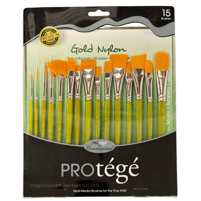 Protege 15 Piece Face Painting Brush Set - Gold Nylon Brushes (515VP)
