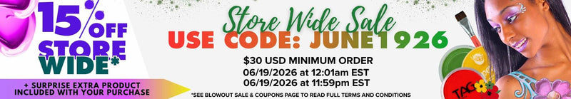 Promotional banner for a store-wide sale featuring 15% off with code JUNE1926. Valid on 06/19/2026 from 12:01 AM EST to 11:59 PM EST with a $30 USD minimum order. Includes a surprise extra product with purchase. The banner shows colorful graphics, face paints, a paintbrush, and a model with face and body paint. Text at the bottom reads: “See Blowout Sale & Coupons page to read full terms and conditions.”