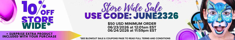 Store-wide sale banner featuring purple balloons, face-paint supplies, and a child with blue butterfly face paint. Text reads: “10% Off Store Wide*. Store Wide Sale. Use Code: JUNE2326. $50 USD minimum order. 06/23/2026 at 12:01am EST. 06/24/2026 at 11:59pm EST. + Surprise extra product included with your purchase. *See Blowout Sale & Coupons page to read full terms and conditions.”