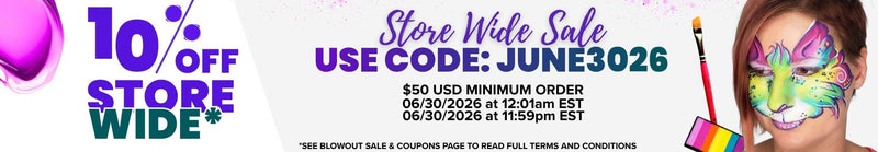 Promotional website banner for a 10% OFF Store Wide sale. The text reads: "10% OFF STORE WIDE* Store Wide Sale USE CODE: JUNE3026. $50 USD MINIMUM ORDER, 06/30/2026 at 12:01am EST to 06/30/2026 at 11:59pm EST. *SEE BLOWOUT SALE & COUPONS PAGE TO READ FULL TERMS AND CONDITIONS." The graphic features a white background with purple accents, a paint drip on the left, and a woman with colorful cat face paint holding a brush and rainbow paint cake on the right.