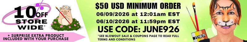 Promotional banner for a face painting supply sale. On the left, a pink section reads, "10% OFF STORE WIDE* + SURPRISE EXTRA PRODUCT INCLUDED WITH YOUR PURCHASE," next to a cartoon capybara holding a paintbrush. The center text states, "$50 USD MINIMUM ORDER | 06/09/2026 at 12:01am EST | 06/10/2026 at 11:59pm EST | USE CODE: JUNE926 *SEE BLOWOUT SALE & COUPONS PAGE TO READ FULL TERMS AND CONDITIONS." On the right, a woman is shown wearing tiger face paint next to Fusion Bodyart brushes.