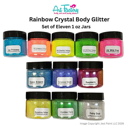 Art Factory |  Set of 11 RAINBOW CRYSTAL Body Glitters in 1 oz Jars in Clear Pouch