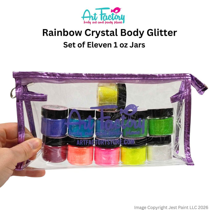 Art Factory |  Set of 11 RAINBOW CRYSTAL Body Glitters in 1 oz Jars in Clear Pouch