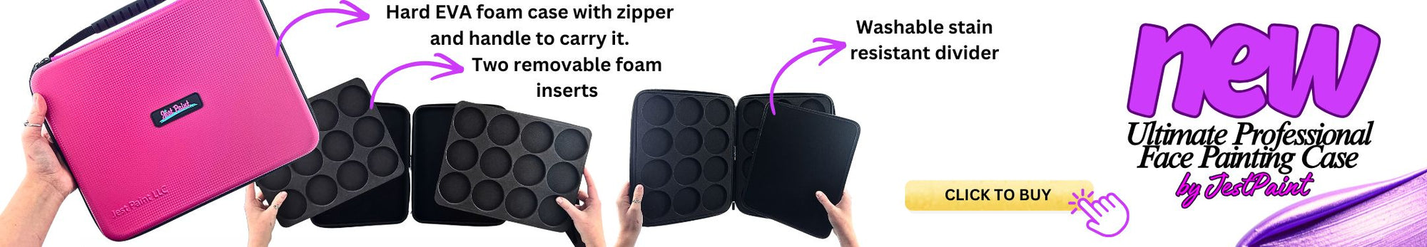 New Ultimate Professional Face Painting Case  by JestPaint. Pink hard EVA foam case with zipper and two removable foam inserts, held by a person. Has a handle to carry it and a washable stain resistant divider. If you click on the image it takes you to the product page.