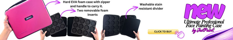New Ultimate Professional Face Painting Case  by JestPaint. Pink hard EVA foam case with zipper and two removable foam inserts, held by a person. Has a handle to carry it and a washable stain resistant divider. If you click on the image it takes you to the product page.