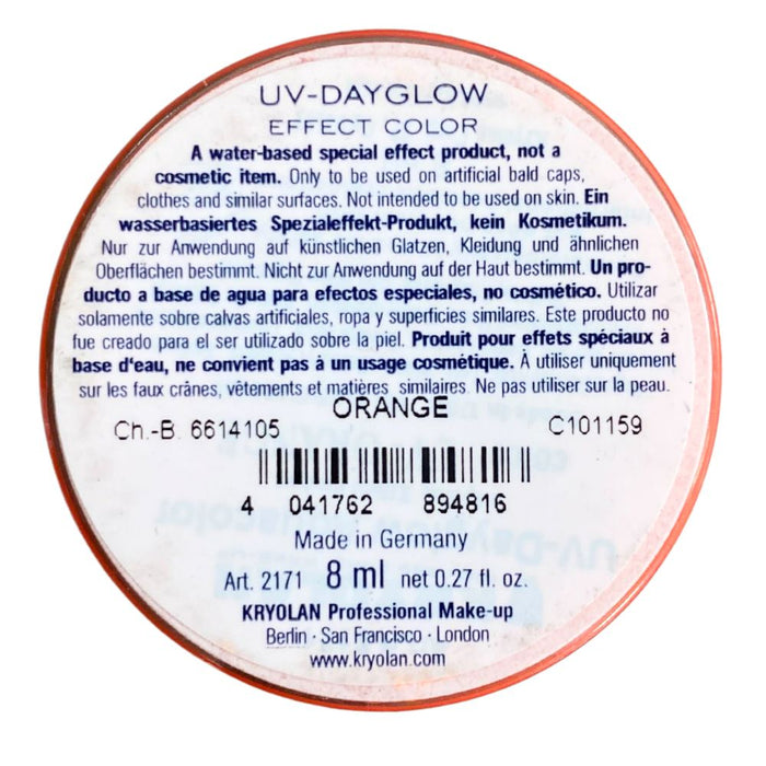 Kryolan Aquacolor | Original Neon UV ORANGE - SMALL 8ml (SFX - Non Cosmetic)