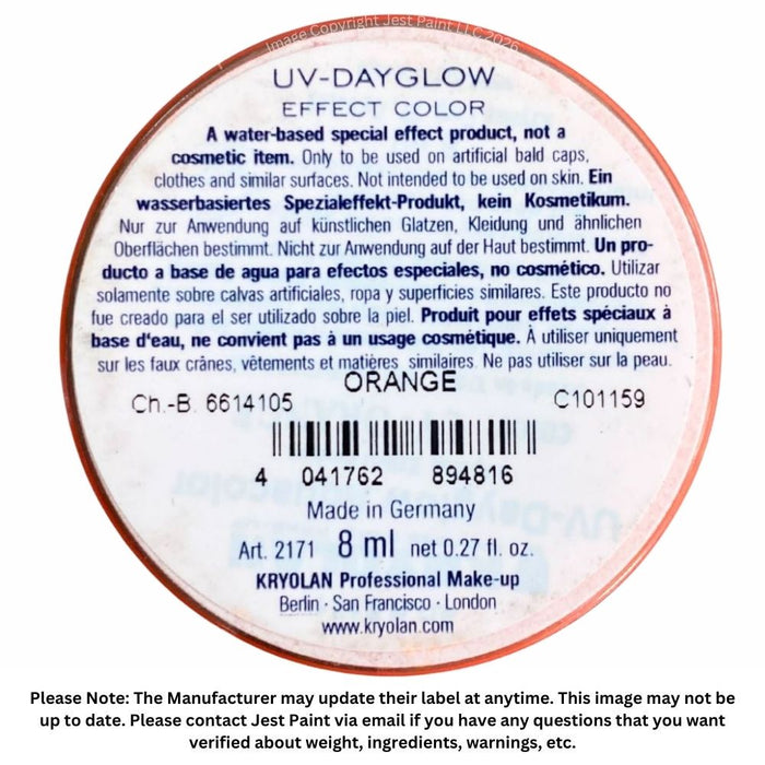 Kryolan Aquacolor | Original Neon UV ORANGE - SMALL 8ml (SFX - Non Cosmetic)
