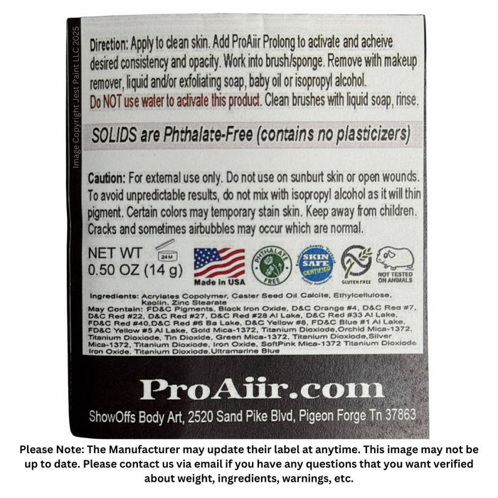 ProAiir Solids | Hybrid Water Resistant Face Paint  - Black  - 14gr