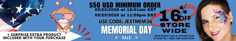 Wide blue promotional banner for a Memorial Day sale. Left side shows part of an American flag and a cartoon dog wearing red, white, and blue star-spangled sunglasses and holding a paintbrush. Text reads: “+ SURPRISE EXTRA PRODUCT INCLUDED WITH YOUR PURCHASE.” Center text reads: “$50 USD MINIMUM ORDER,” “05/22/2026 at 12:01am EST,” “05/25/2026 at 11:59pm EST,” “USE CODE: JESTMEM26,” and large white text “MEMORIAL DAY SALE.” Right side features large black text “16% OFF STORE WIDE*” circled in red. Smaller t