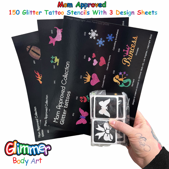 GLIMMER BODY ART | 150 Glitter Tattoo Stencils with 3 Design Sheets - MOM APPROVED SET