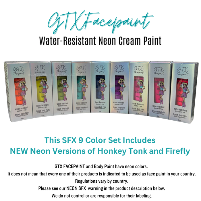 GTX Paint | Silicone Based Water Resistant CREAM KIT - Neon Colors (9 x 25ml Easy Squeezy Tubes) (SFX Non-Cosmetic)