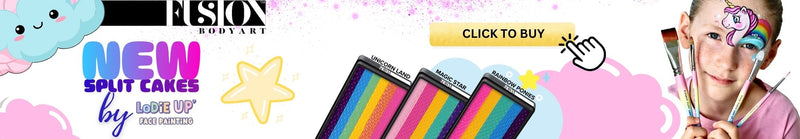 Promotional banner for Fusion Body Art featuring "NEW SPLIT CAKES by LoDie UP' FACE PAINTING" and a "CLICK TO BUY" button. The image showcases colorful split cake face paints—labeled "Unicorn Land," "Magic Star," and "Rainbow Ponies"—along with paintbrushes and a young girl with a unicorn painted on her forehead, set against a pink and blue pastel cloud background.