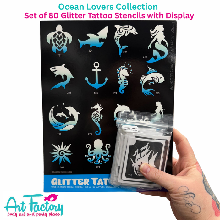 ART FACTORY | Set of 80 Glitter Tattoo Stencils with Display - OCEAN LOVERS Collection
