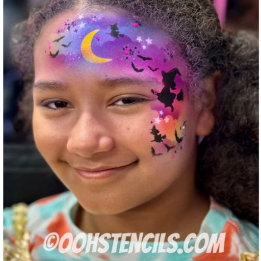 Ooh! Face Painting Stencil | Halloween Witch Face Stencil - with Moon Bats and Stars (F19)